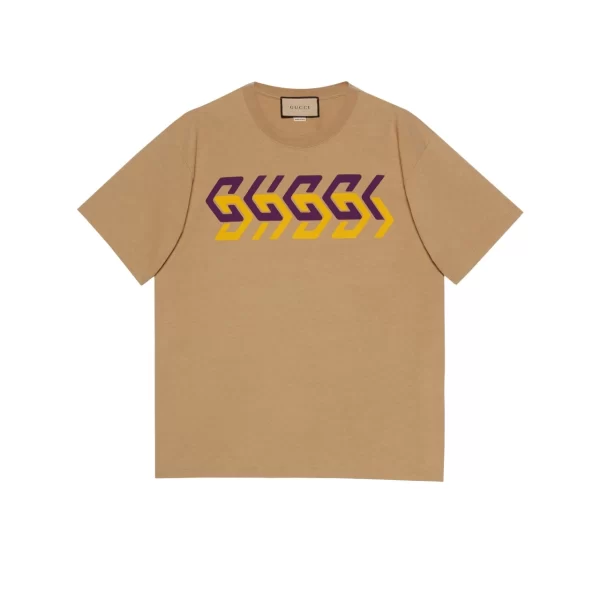 Gucci Cotton Jersey T-Shirt With Gucci Mirror Print In Camel - GT19