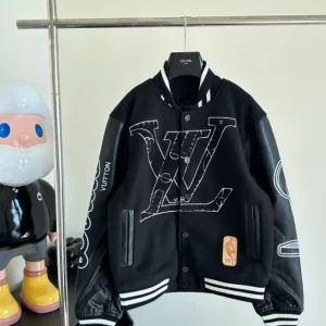 LV x NBA Leather Varsity Jacket in Black