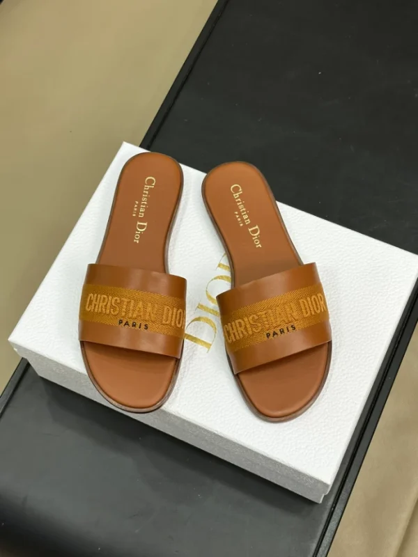 Dior Dway Slide Camel Calfskin and Embroidered Cotton - SD23