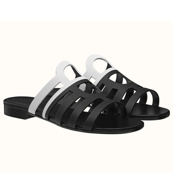 Hermes Camelia Slide Sandals In BlackWhite Calfskin - HSM45