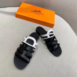 Hermes Camelia Slide Sandals In BlackWhite Calfskin - HSM45