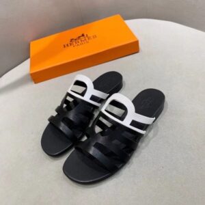 Hermes Camelia Slide Sandals In BlackWhite Calfskin - HSM45