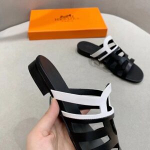 Hermes Camelia Slide Sandals In BlackWhite Calfskin - HSM45