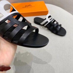 Hermes Camelia Slide Sandals In BlackWhite Calfskin - HSM45