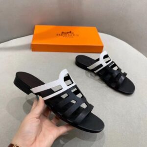 Hermes Camelia Slide Sandals In BlackWhite Calfskin - HSM45