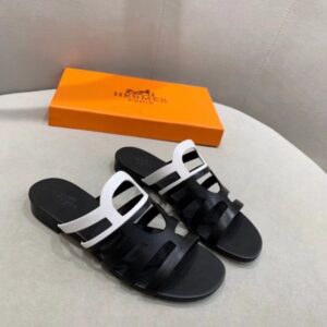 Hermes Camelia Slide Sandals In BlackWhite Calfskin - HSM45