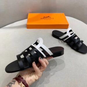 Hermes Camelia Slide Sandals In BlackWhite Calfskin - HSM45