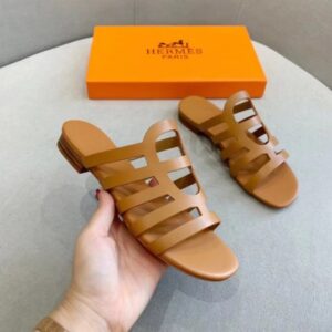 Hermes Camelia Slide Sandals In Brown Calfskin - HSM43