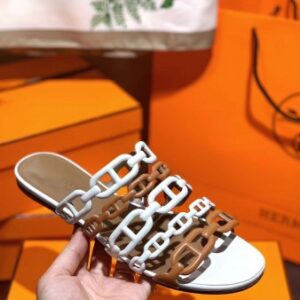 Hermes Thalassa Slide Sandals In BrownWhite Lambskin - HSM41