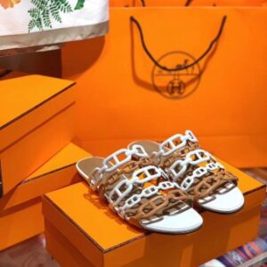 Hermes Thalassa Slide Sandals In BrownWhite Lambskin - HSM41