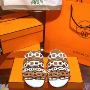 Hermes Thalassa Slide Sandals In BrownWhite Lambskin - HSM41