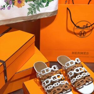 Hermes Thalassa Slide Sandals In BrownWhite Lambskin - HSM41