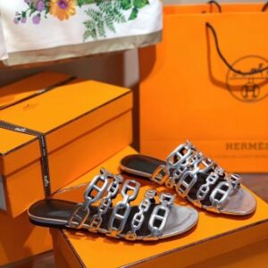 Hermes Thalassa Slide Sandals In Silver Lambskin - HSM42