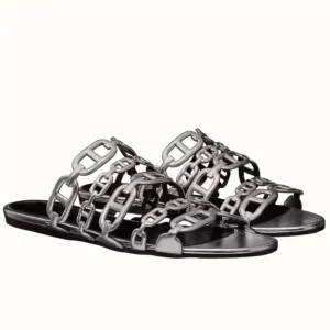 Hermes Thalassa Slide Sandals In Silver Lambskin - HSM42