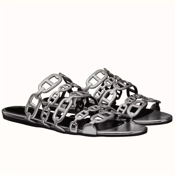 Hermes Thalassa Slide Sandals In Silver Lambskin - HSM42