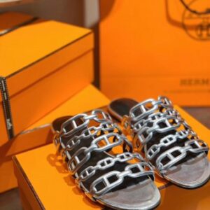Hermes Thalassa Slide Sandals In Silver Lambskin - HSM42