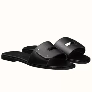 Hermes View Slide Sandals In Black Leather - HSM36