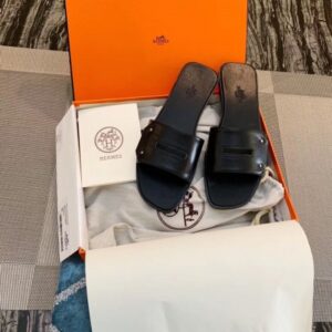 Hermes View Slide Sandals In Black Leather - HSM36