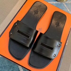 Hermes View Slide Sandals In Black Leather - HSM36