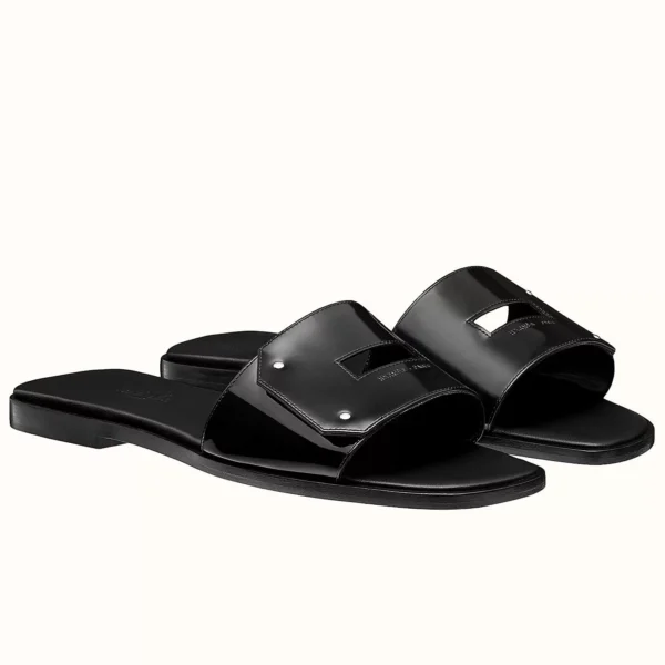 Hermes View Slide Sandals In Black Patent Calfskin - HSM38