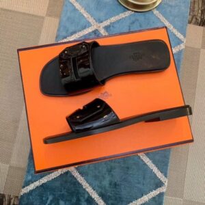 Hermes View Slide Sandals In Black Patent Calfskin - HSM38