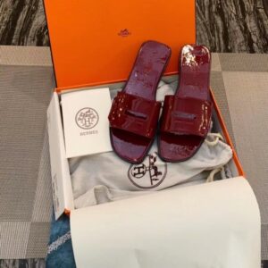 Hermes View Slide Sandals In Red Patent Calfskin - HSM39