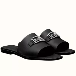 Hermes Villa Slide Sandals In Black Leather - HSM40