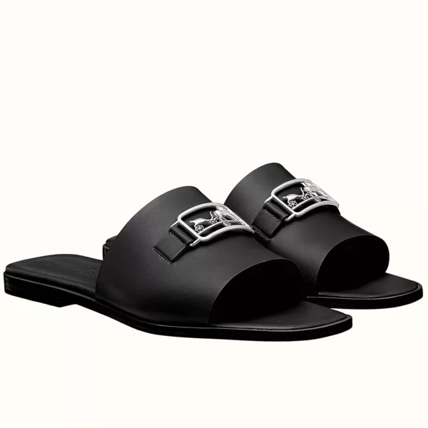 Hermes Villa Slide Sandals In Black Leather - HSM40