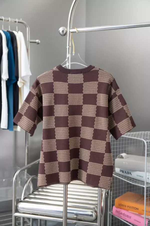 Louis Vuitton Short-Sleeved Cotton Damier Crewneck With Crystal LV Patch - LT105