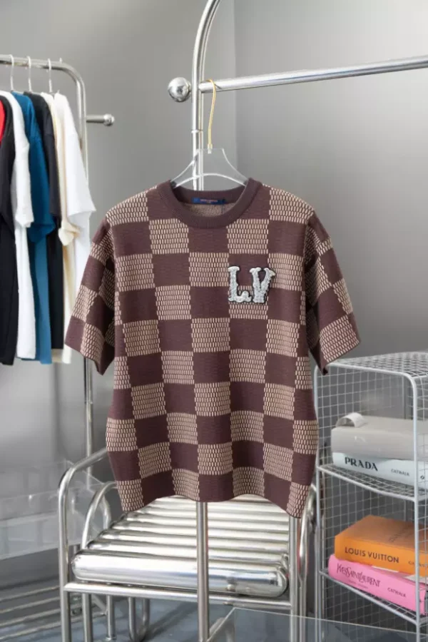 Louis Vuitton Short-Sleeved Cotton Damier Crewneck With Crystal LV Patch - LT105